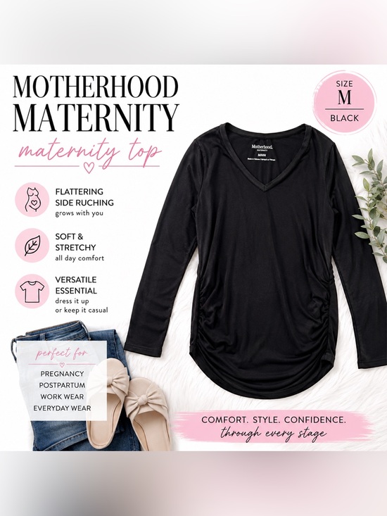 Motherhood Maternity Tops - Motherhood Maternity Black Ruched Side Long Sleeve Top Size Medium